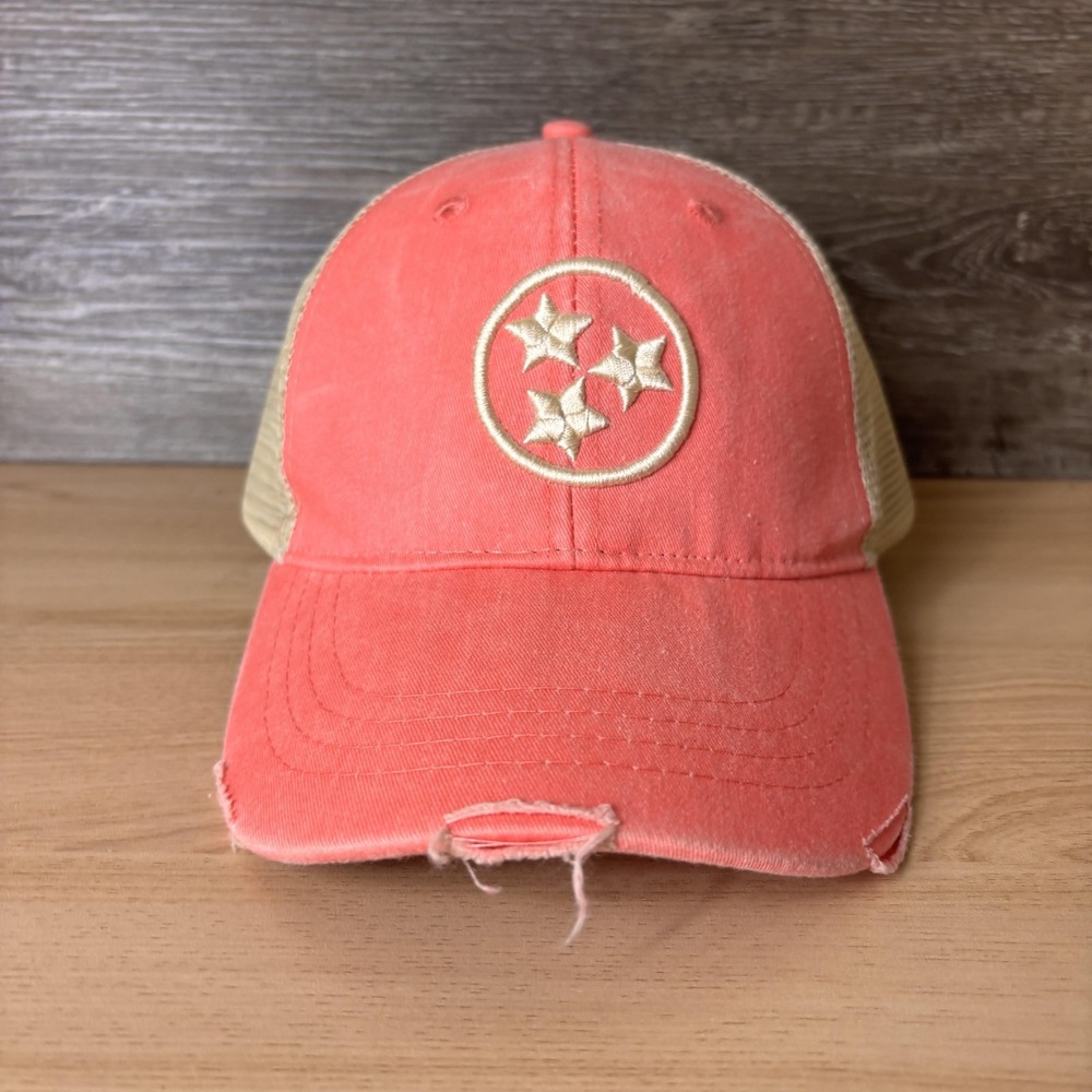 Tennessee Tri Star Hat Cap Snap Back Pink Tan Mesh Trucker Distressed Mens Adams